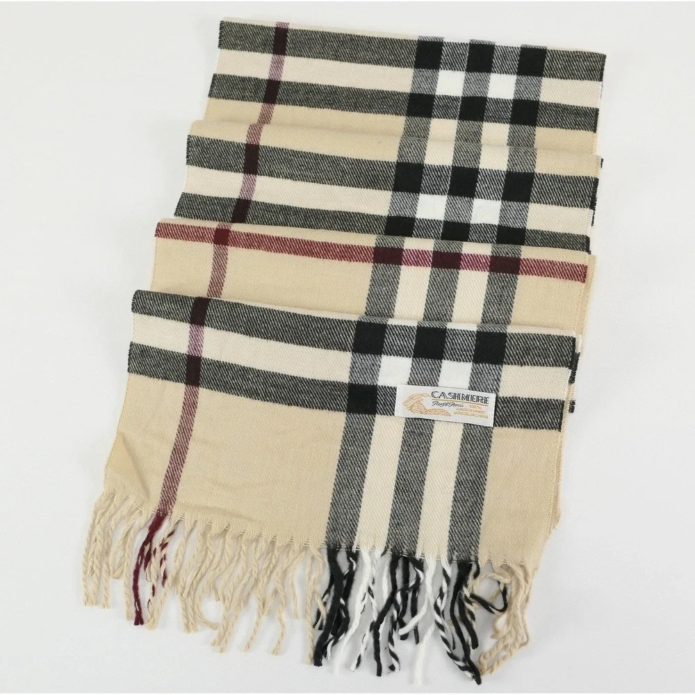 Royal Rossi 100% Mongolian Cashmere Plaid Check Scarf Tan Black White Fringe 70